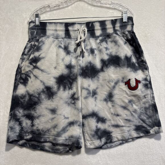 True Religion Tie Dye Sweat Shorts Men's Medium Blue White Logo Drawstring Knit - Picture 1 of 15